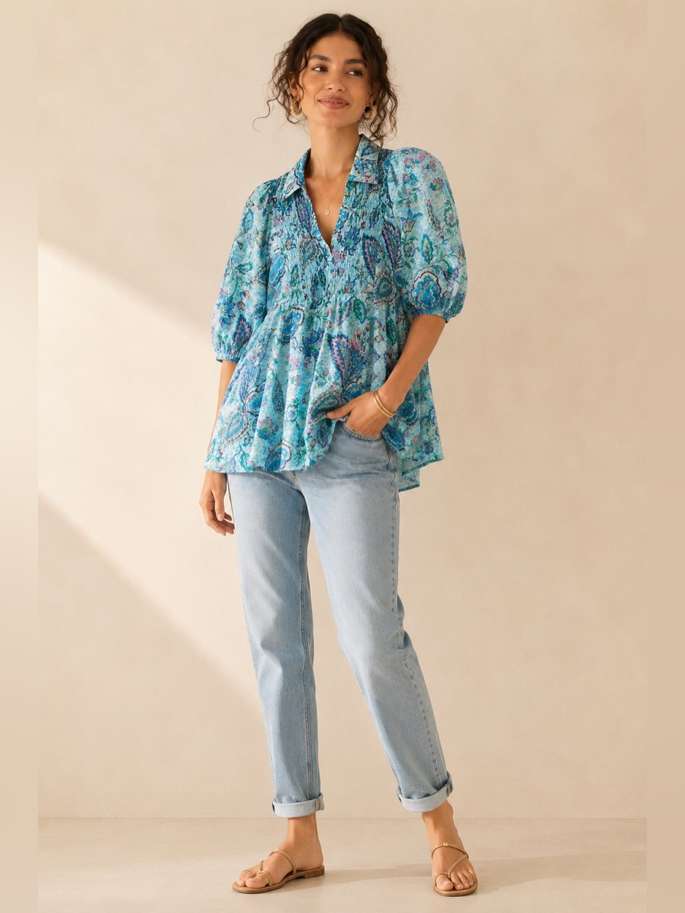 Umgee Boho Aqua Blue/Purple Paisley Floral Pintuck Puff Sleeve Blouse Top 1XL - Picture 8 of 8